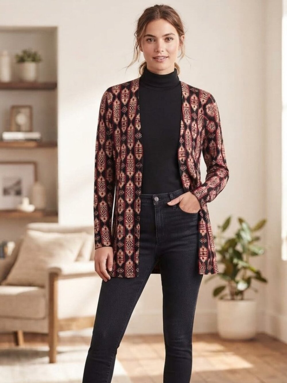Jones New York Southwestern Aztec Print Open Cardigan Sweater XL